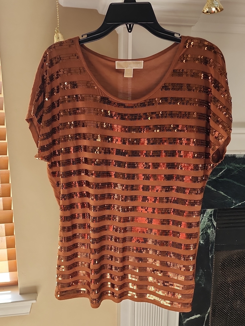 Michael Kors Copper Brown Sequin Striped Short Sleeve Tee Sz M